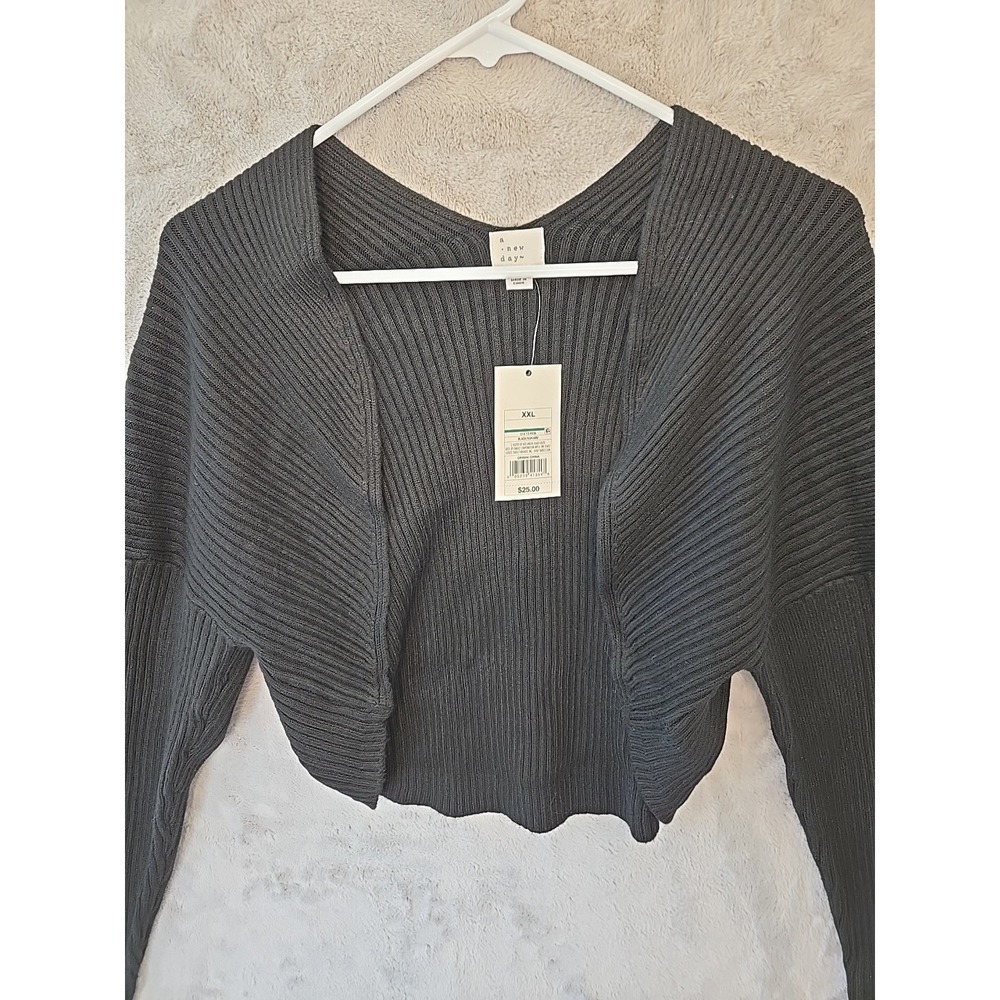 Ribbed Knit Cropped Cardigan Shrug Long Sleeve A New Day Sweater Women XXL Black - Picture 2 of 5